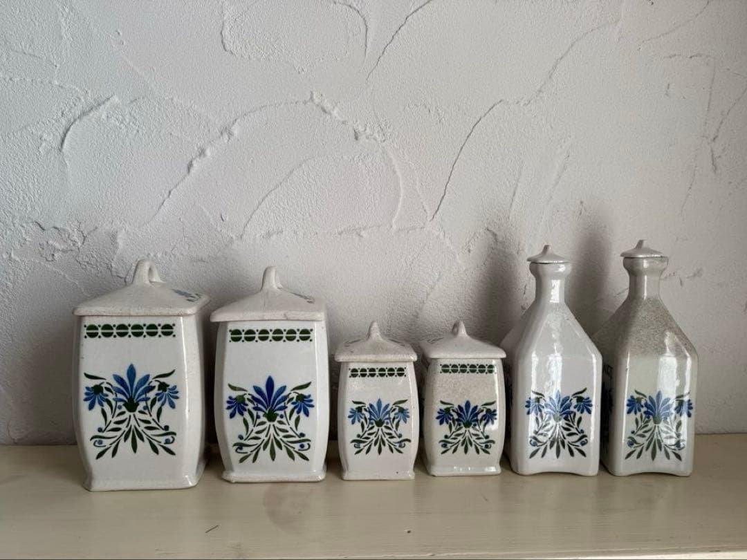 フランスアンティーク　陶器の花柄キャニスター6点セット