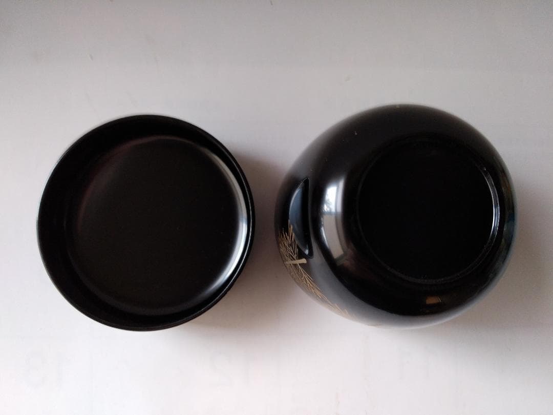 茶道具 茶器 黒塗 松喰鶴蒔絵 中棗 牧田芳祥 作 漆器 抹茶 棗 共箱 美品