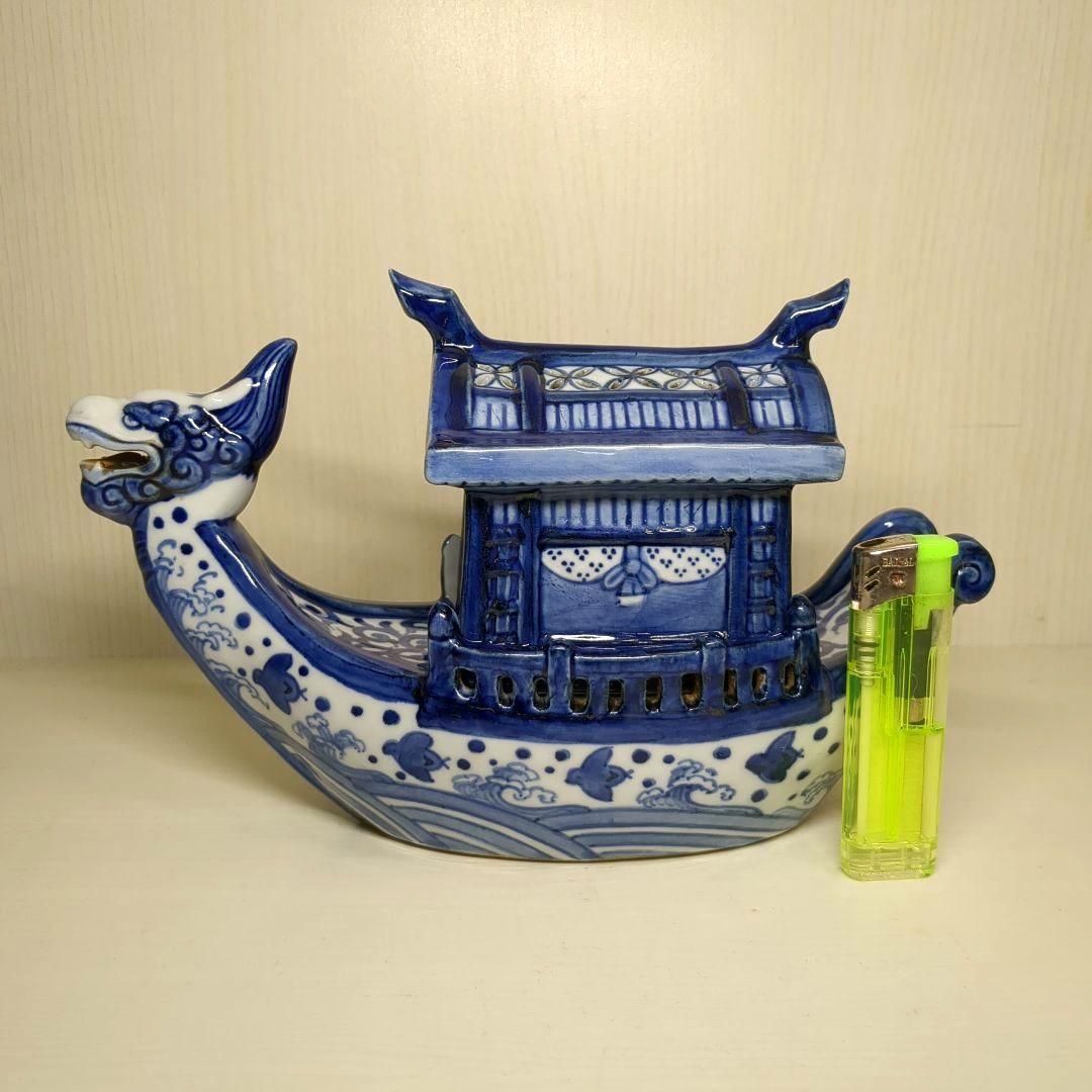 道八　高橋道八　龍船形　染付波千鳥文　香炉１個　骨董