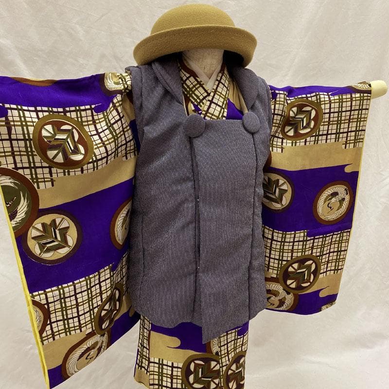 510ab1◎七五三 三歳 男の子 アンティーク着物&被布 レトロ 濃紫◎