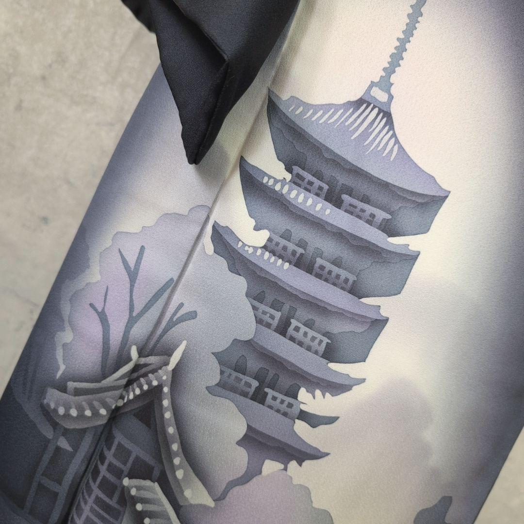 訪問着　フルセット　着物　正絹　粋　墨黒　五重塔　風景模様　かっこいい　F2