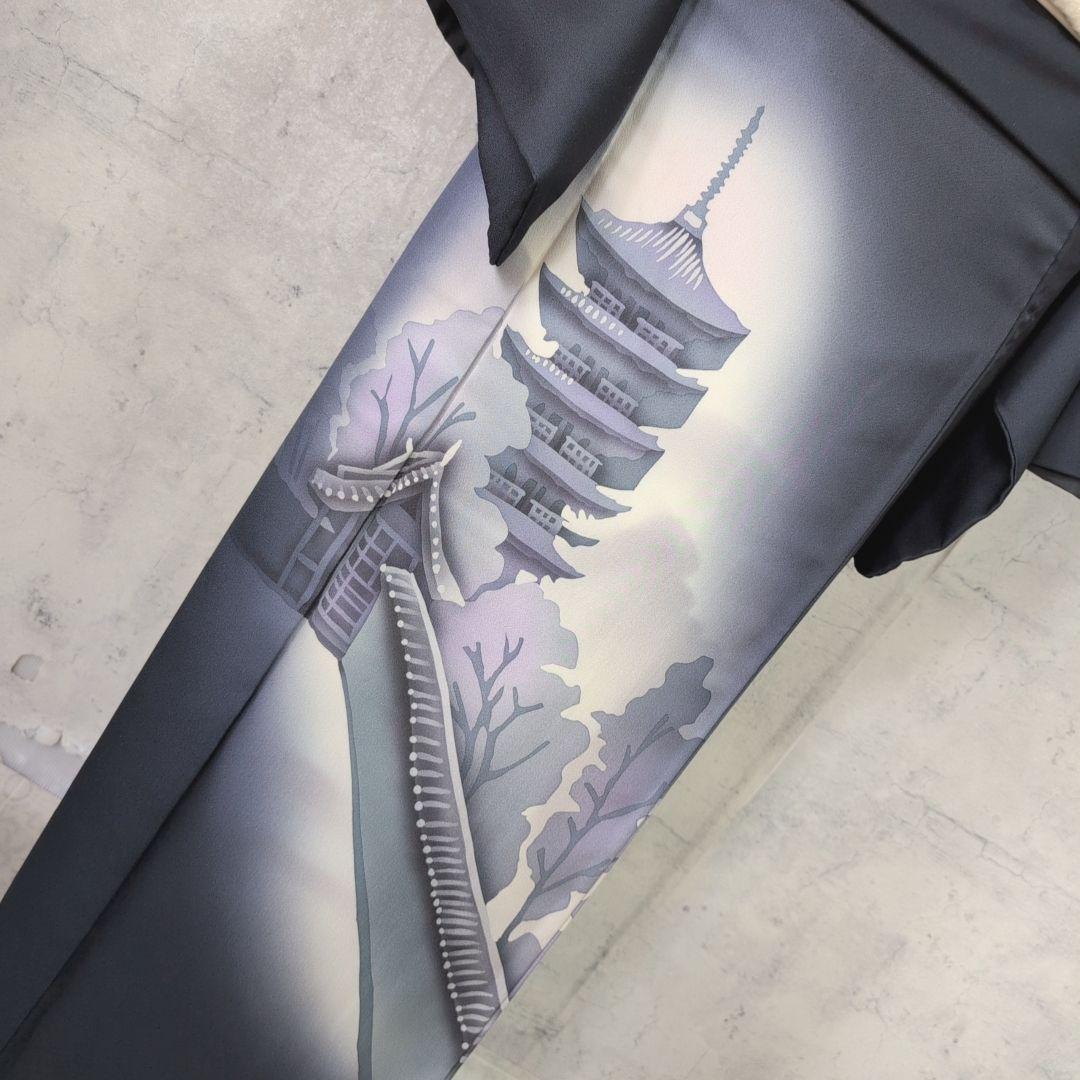 訪問着　フルセット　着物　正絹　粋　墨黒　五重塔　風景模様　かっこいい　F2