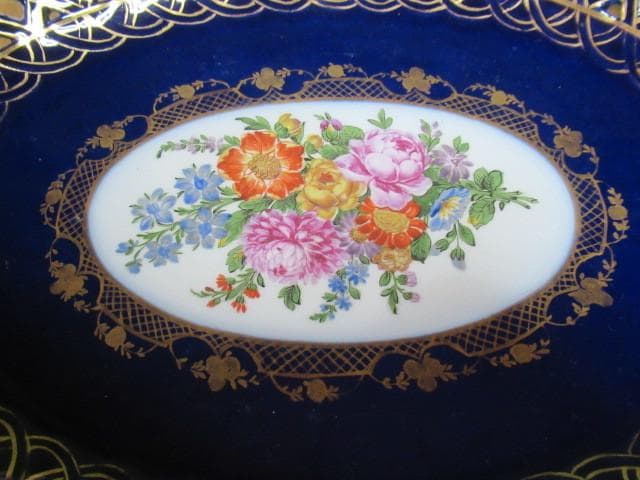 1850年頃 定価30万◆マイセン マルコリーニ期『金彩コバルト花文透かし大鉢』