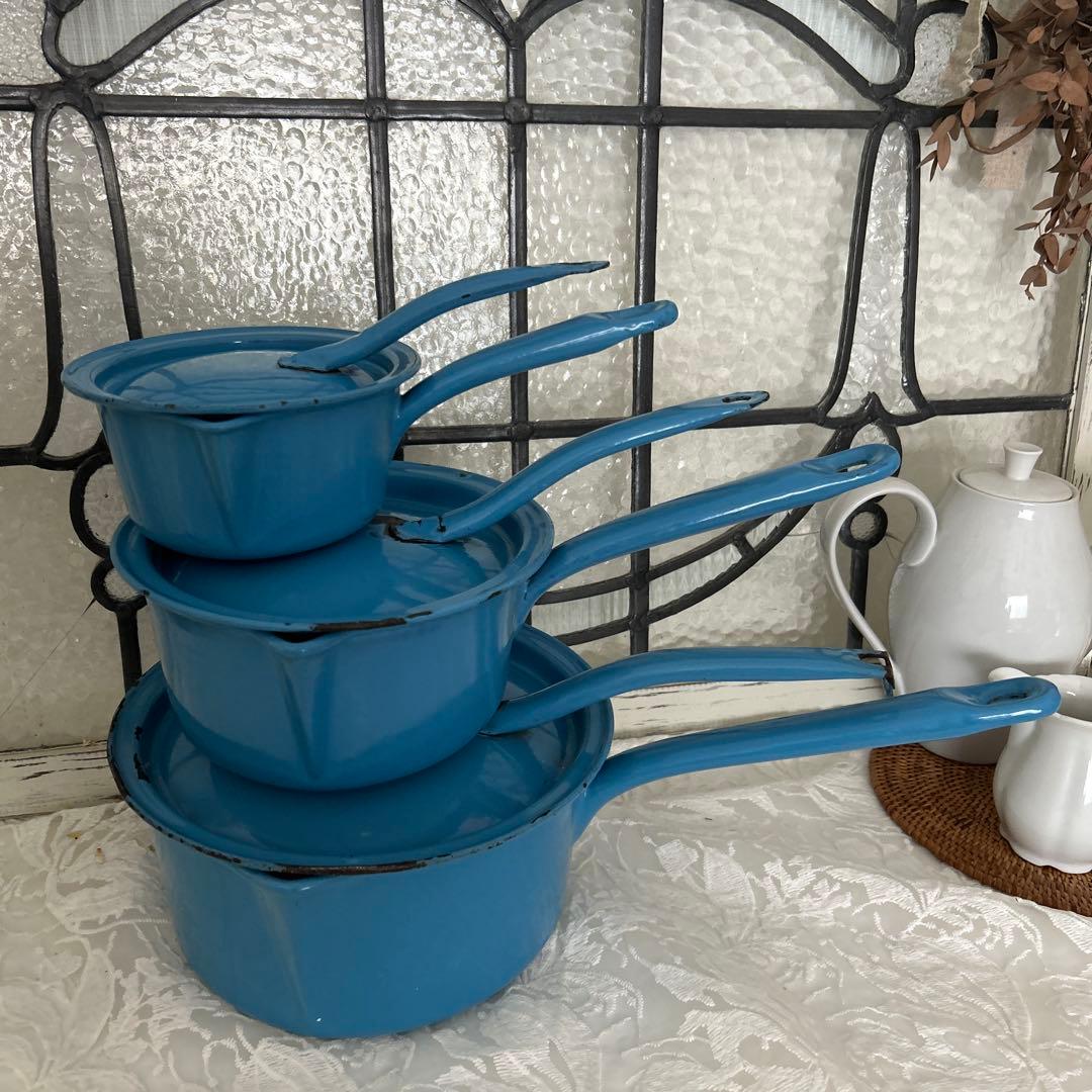 フランスアンティーク ホーロー ミルクパン ソースパン 片手鍋 蓋付 3点セット