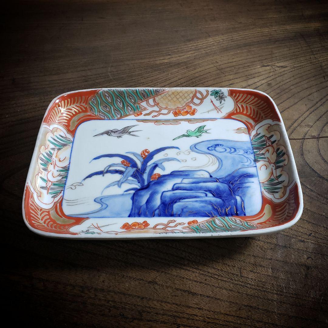 角皿 変形皿 色絵付 金彩 鳥 燕 鷺 波 自然風景 おもと 植物 古伊万里