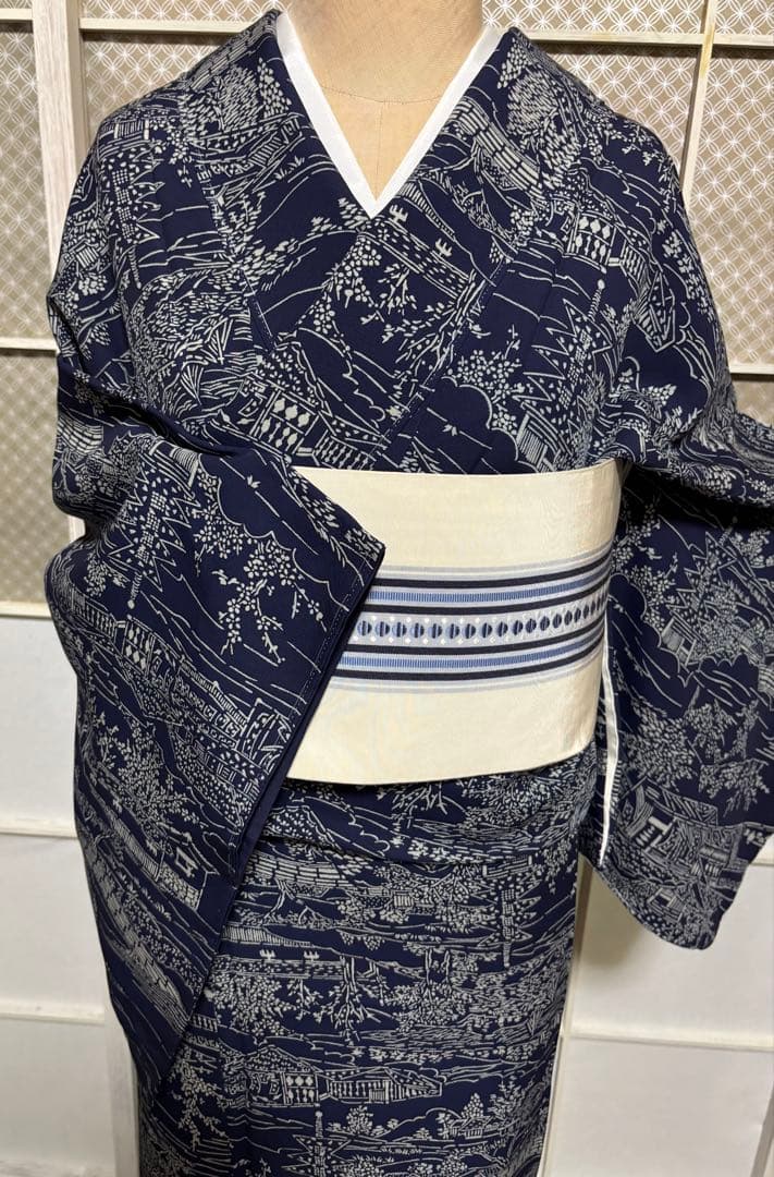 天然藍　藍香房　正絹小紋　シルクケア　未使用しつけ糸付き　美品 トールサイズ