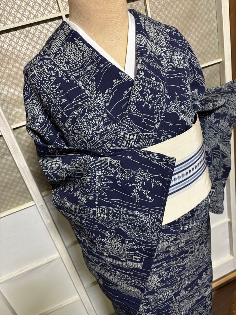 天然藍　藍香房　正絹小紋　シルクケア　未使用しつけ糸付き　美品 トールサイズ