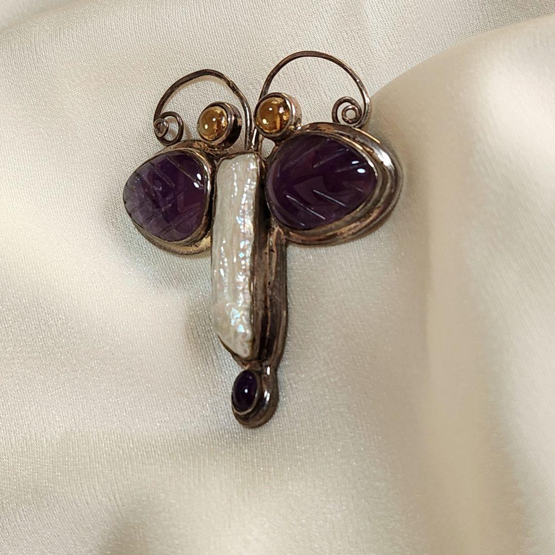 とんぼ　アメジスト　天然石　セドナ？　ブローチ・ネックレス兼用