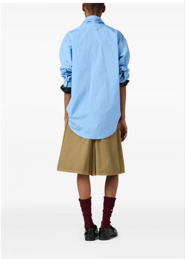 【試着のみ】MIUMIU 胸ロゴ スカーフ付　ポプリン シャツ ブルー