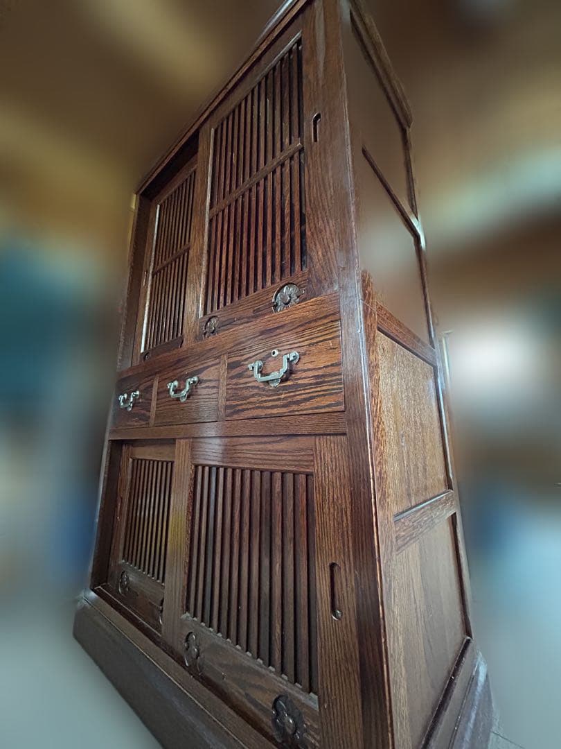 和風木製タンス 3段引き出し付き　茶箪笥　鍵付き