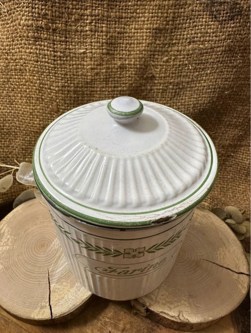 フランスヴィンテージ BB社 ホーローキャニスター　ローレルリース柄