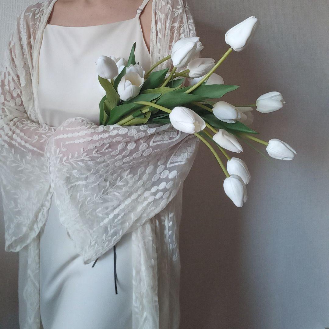 ホワイト　白　チューリップ　シャワーブーケ　ウェディングブーケ　造花