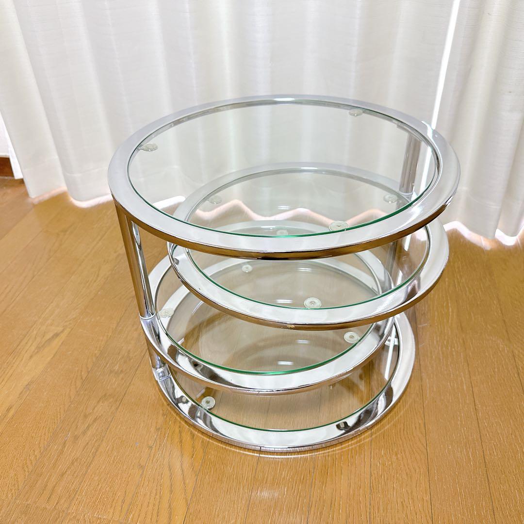 ミッドセンチュリー ラウンドテーブル 可変式 4段 強化ガラス