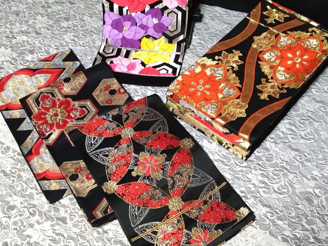 B233■豪華刺繍黒地正絹袋帯10本まとめ売り■着物/振袖/リメイク/バッグ■