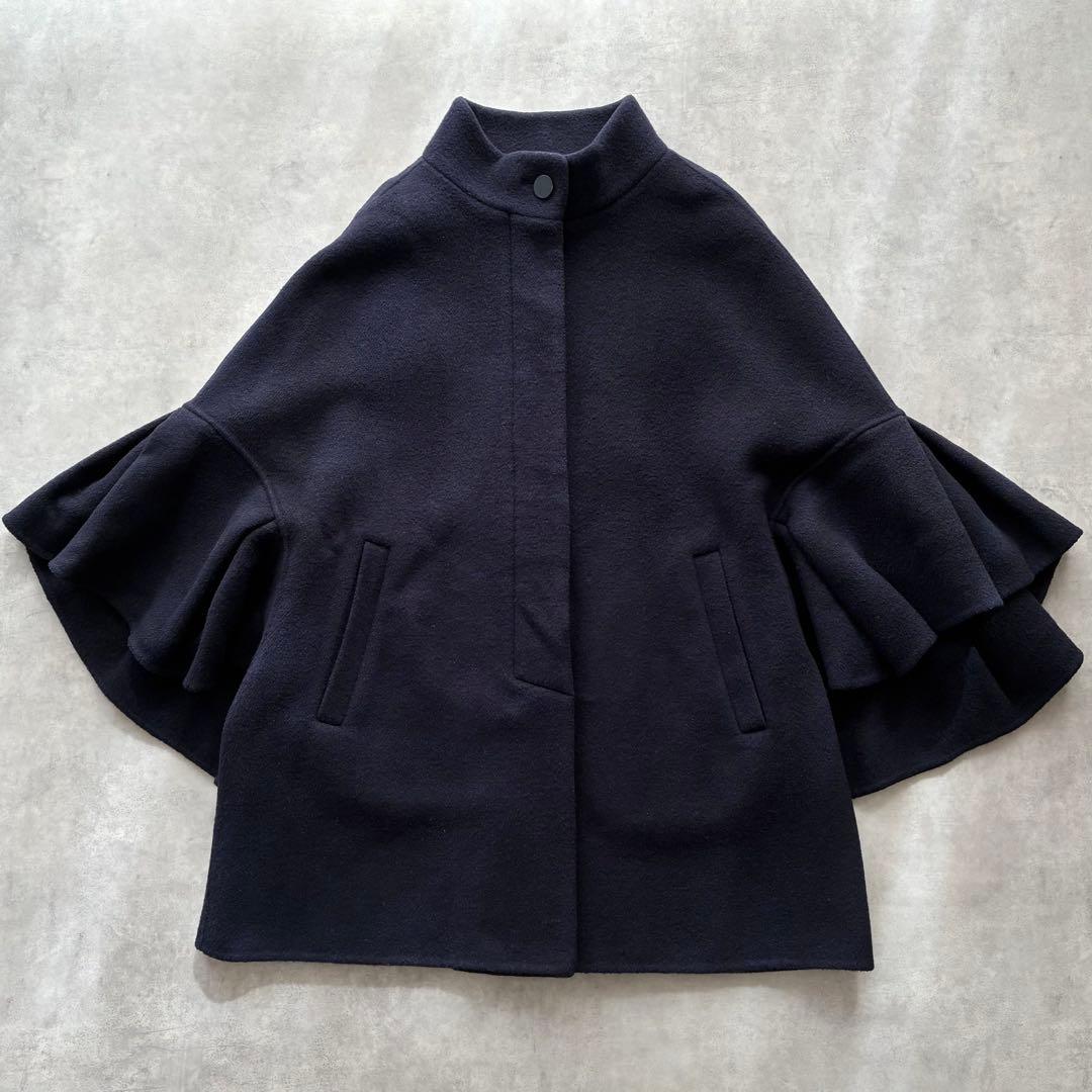 アナイ ゆったり ウール ナイロン リバー ケープ コート フリル袖 ネイビー