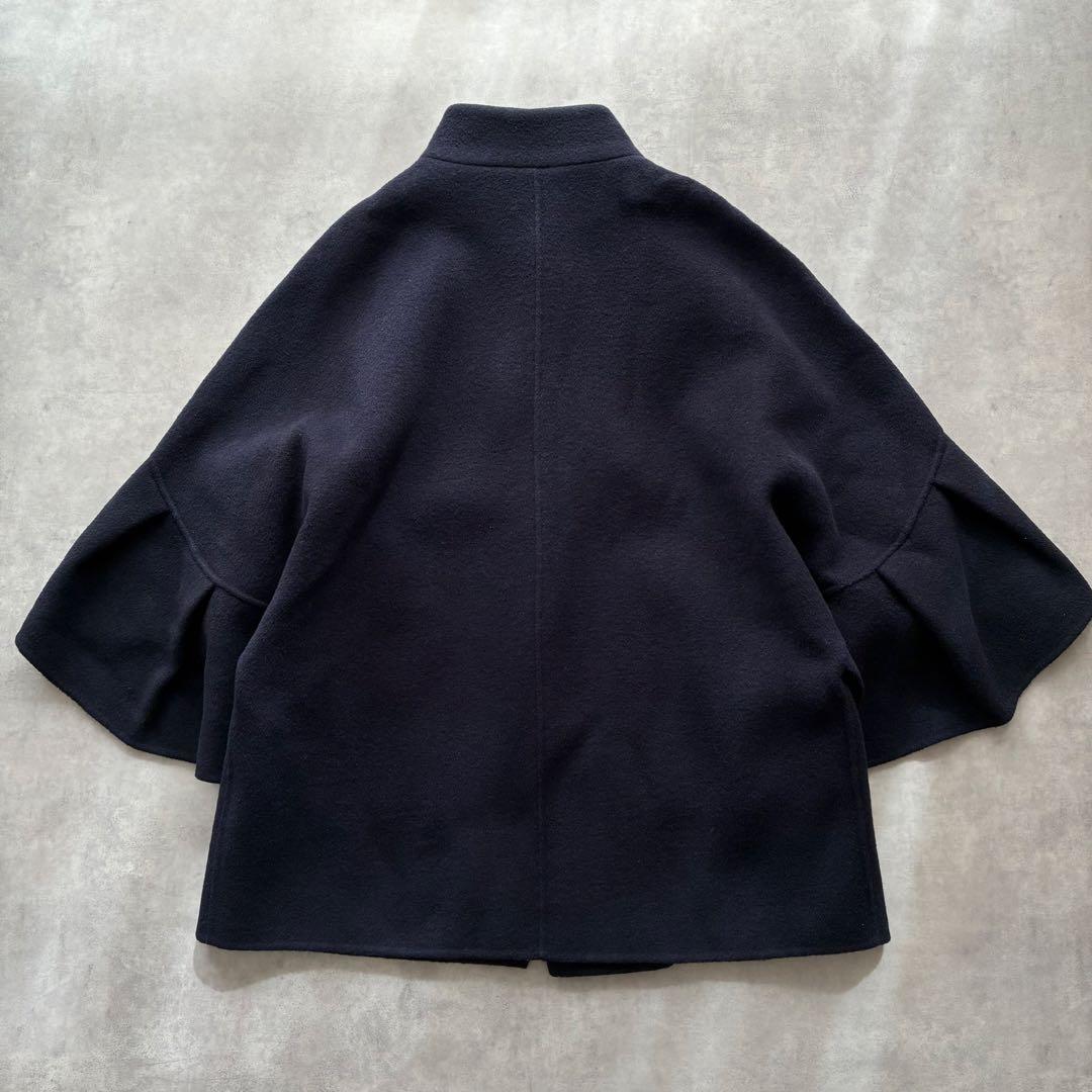 アナイ ゆったり ウール ナイロン リバー ケープ コート フリル袖 ネイビー