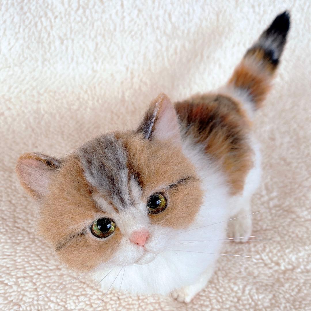 羊毛フェルト猫　全身　リアル可愛い三毛のマンチカン
