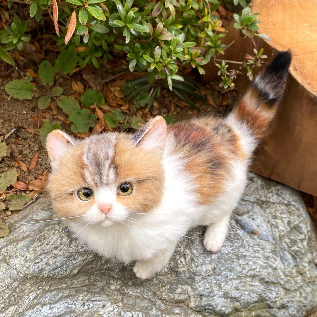 羊毛フェルト猫　全身　リアル可愛い三毛のマンチカン