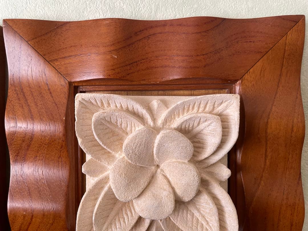 高級チーク材×天然石 壁掛け3点セット｜バリ風 アジアンインテリア（補修あり）