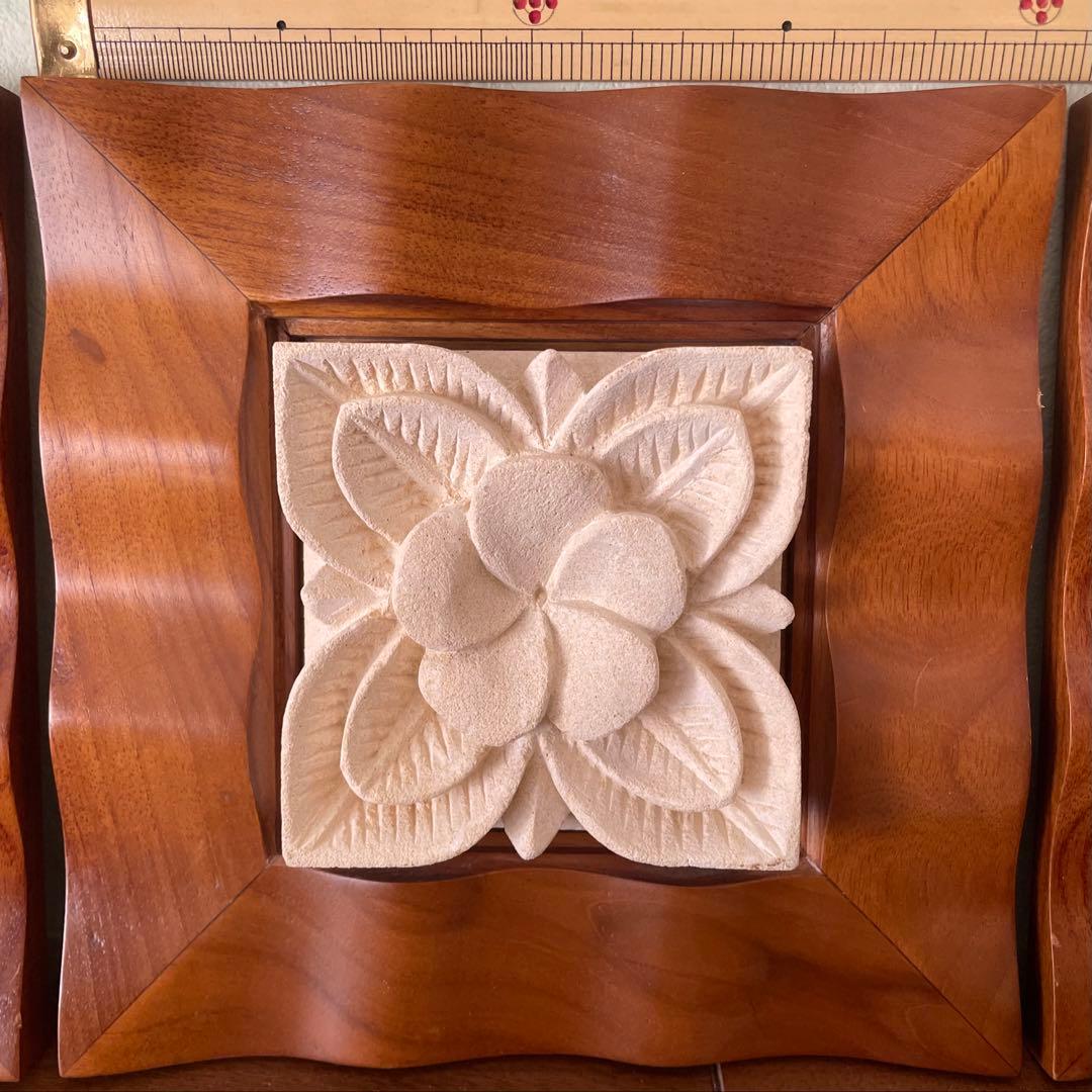 高級チーク材×天然石 壁掛け3点セット｜バリ風 アジアンインテリア（補修あり）