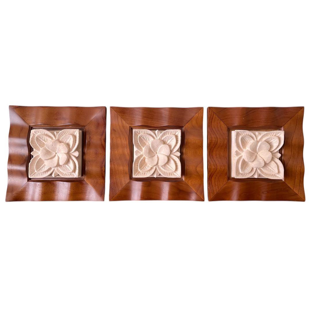 高級チーク材×天然石 壁掛け3点セット｜バリ風 アジアンインテリア（補修あり）