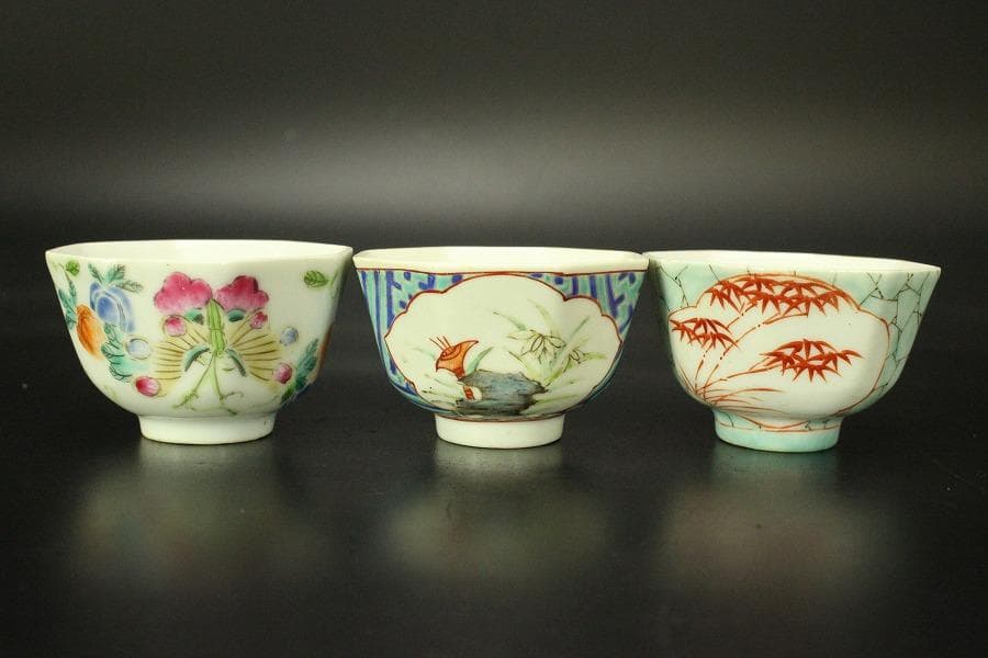 中国美術 煎茶 色絵碗 六客(ZE509)