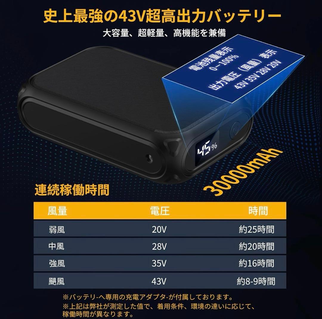 空調作業服 ファンバッテリーセット 43V超高出力 30000mAh バッテリー