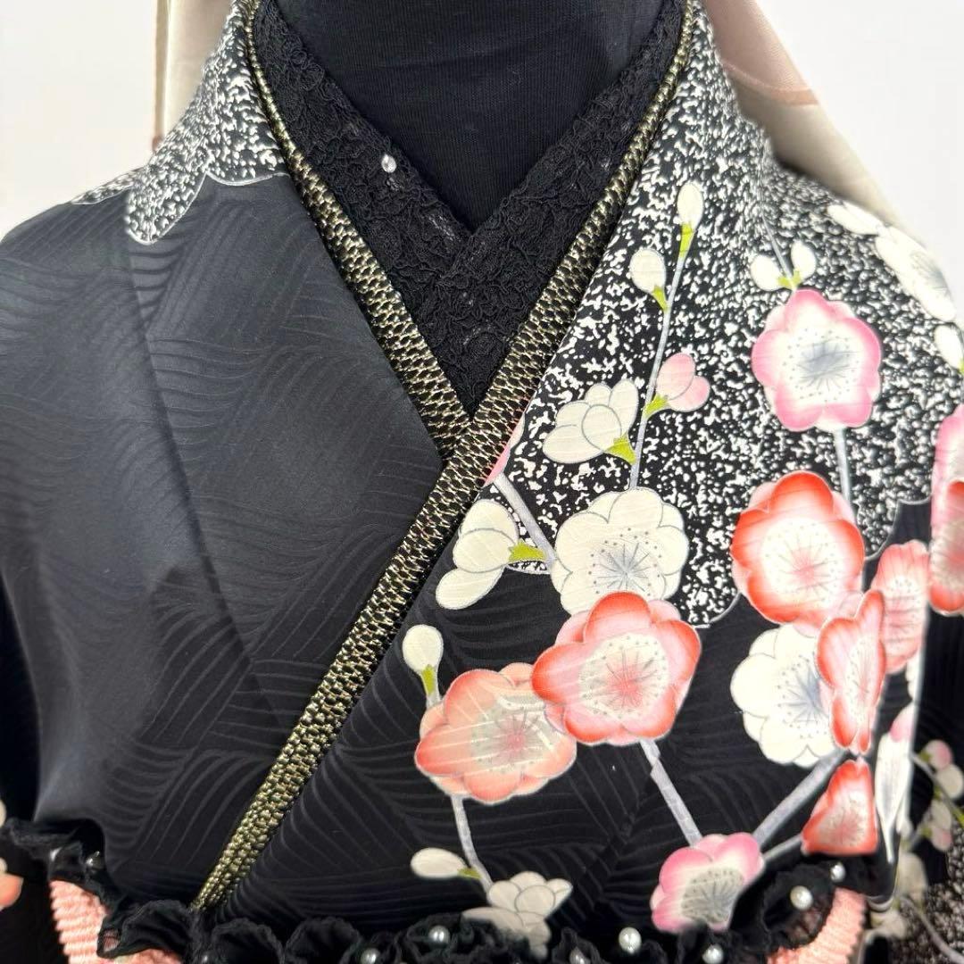 豪華振袖9点フルセット 地紋　銀駒刺繍　黒地　梅紋様　成人式　お正月　結婚式