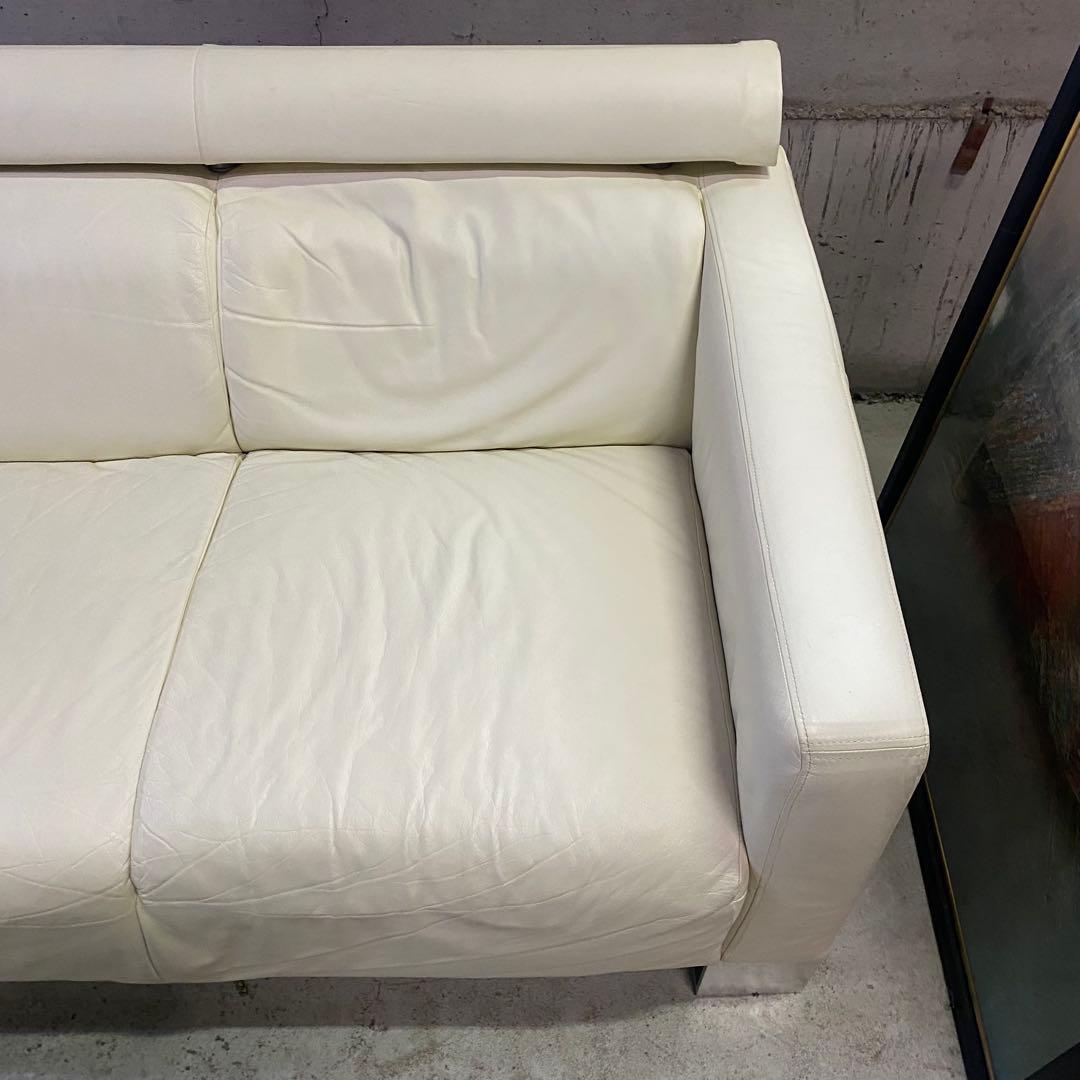 イタリア製　本革　ホワイトレザー 3人掛けソファ　モダン　ミッドセンチュリー