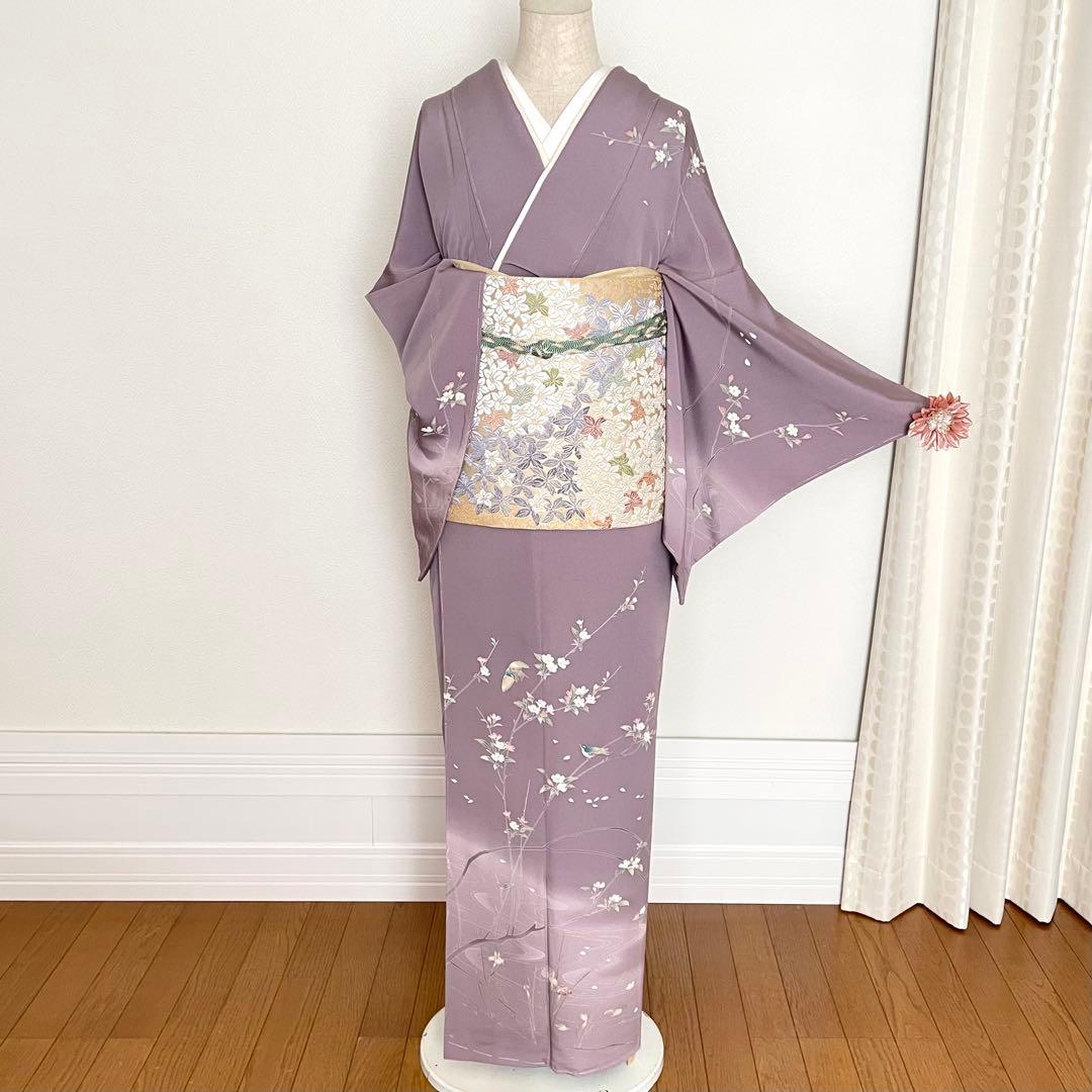 しつけ付幸せの青い鳥 訪問着 十日町友禅 正絹着物