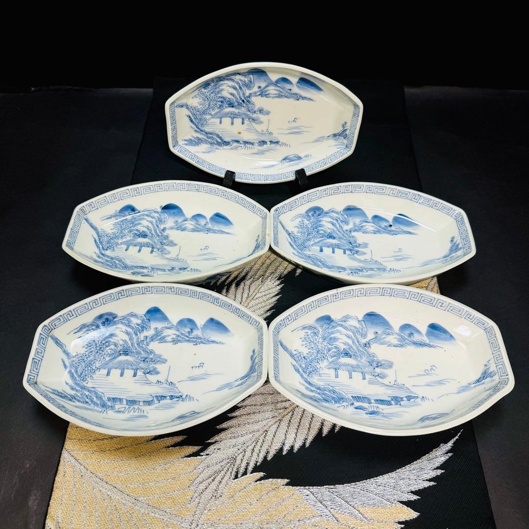 有田焼　古伊万里　染付山水絵　船形　皿　 5客　江戸期　時代物