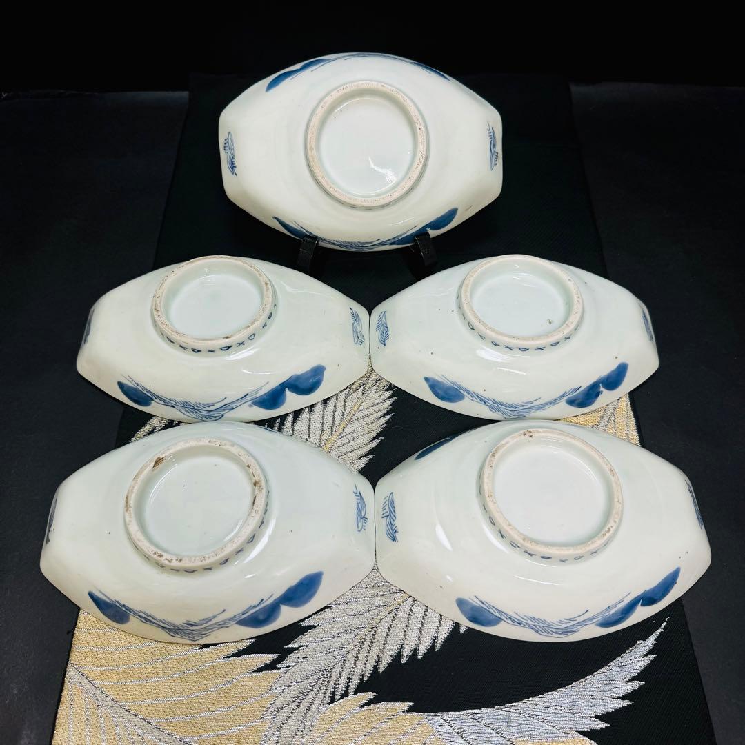 有田焼　古伊万里　染付山水絵　船形　皿　 5客　江戸期　時代物