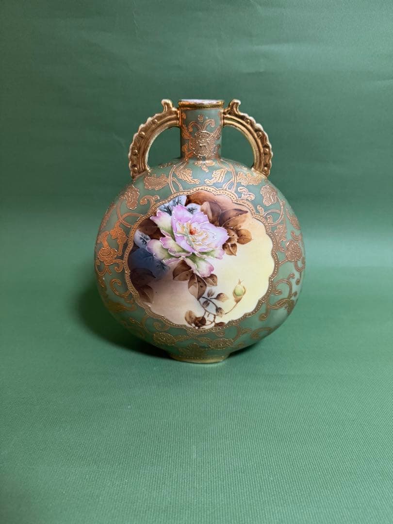 希少 オールドノリタケ 画帖 草花紋 両手付丸型花瓶 メイプルリーフ