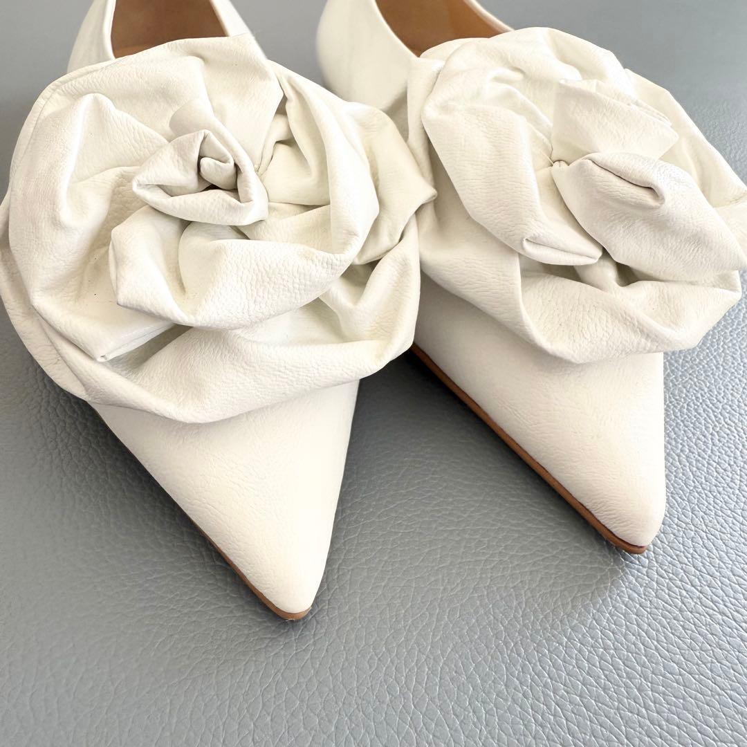 極美品 【キムヘキム】フラワーモチーフ レザー フラットシューズ ホワイト 37