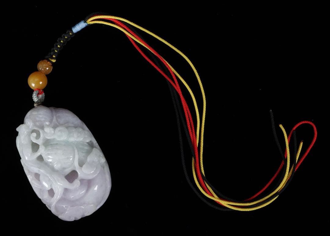 【中国美術】 ラベンダー翡翠 紫翡翠手彫 細密彫刻 龍紋 握り石 根付 紐付