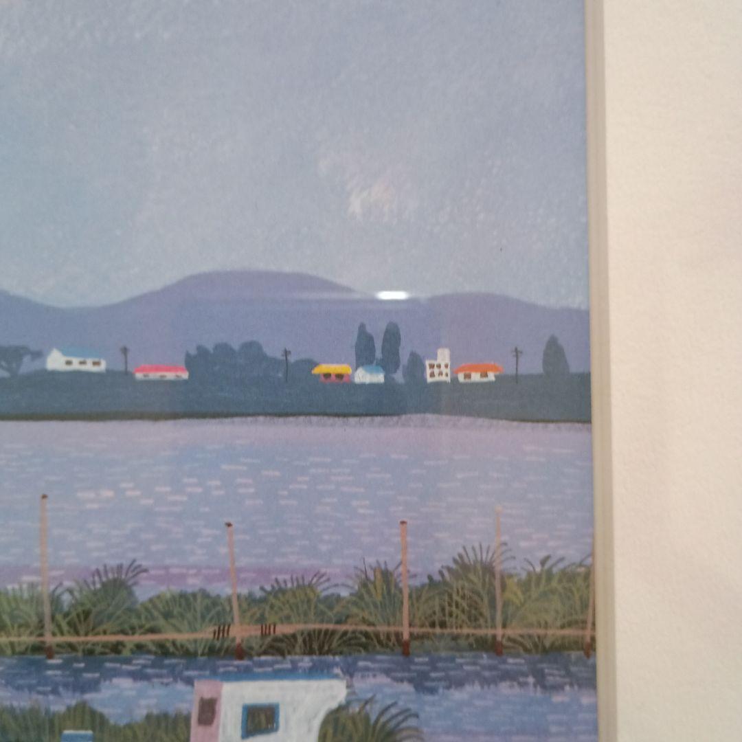 Taiji Harada 風景画 　夕日の湖　版画 額付 s