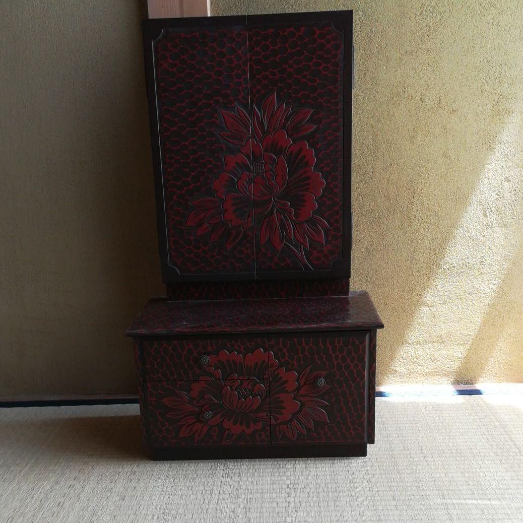 アンティーク ミニ三面鏡 高さ70cm 鎌倉彫