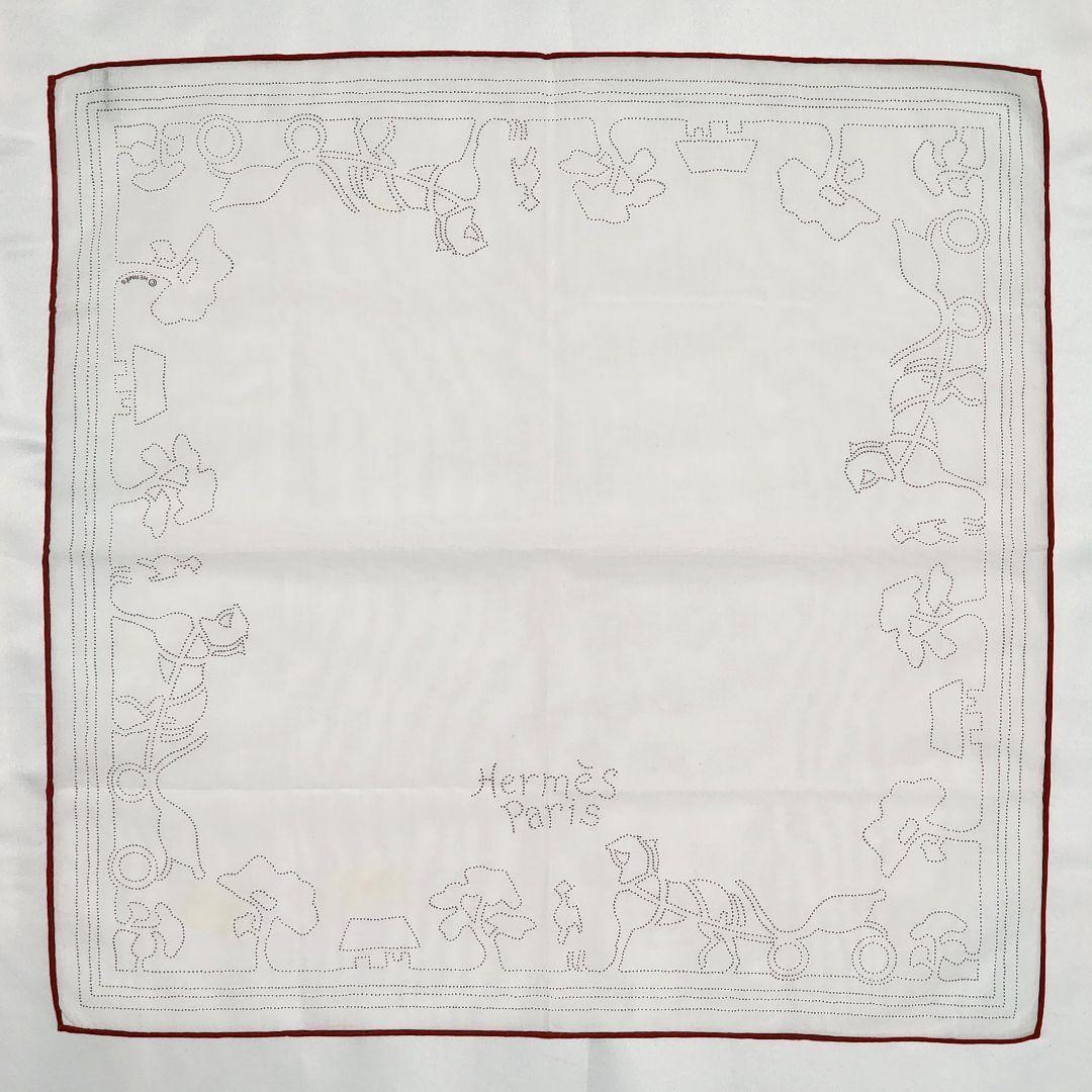☆HERMES☆ ハンカチ 馬車 木 家 点描 綿100％ ホワイト レッド