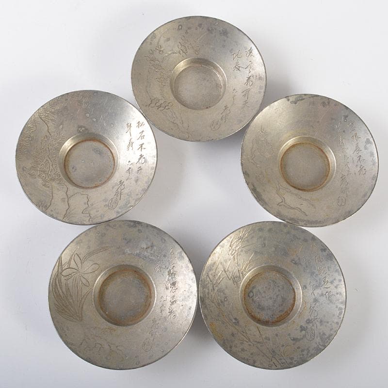 煎茶道具　古錫　彫金漢詩刻　絵変茶托　五客　D　R6539