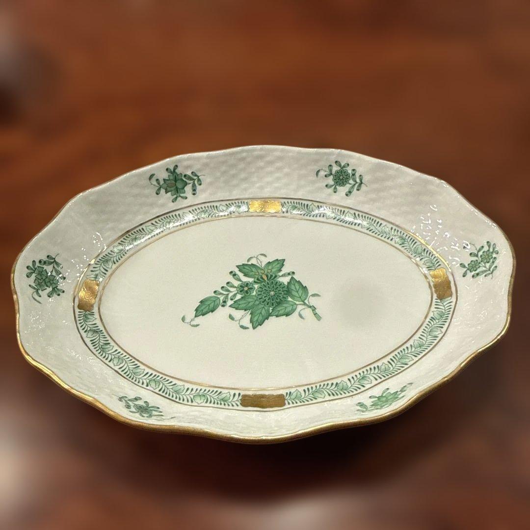 未使用ヘレンドHEREND アポニーグリーン　ケーキ皿　変形プレート　No.1