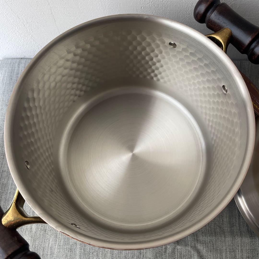 新光金属　COPPER100 銅製 両手鍋 木製ハンドル 槌目　ダークブラウン