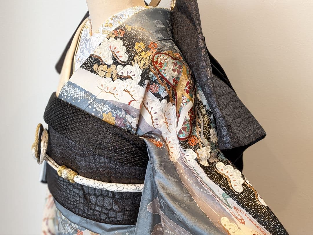 振袖フルセット 身丈155裄63 暈し染め 金銀彩 黒 グレー 逸品 成人式