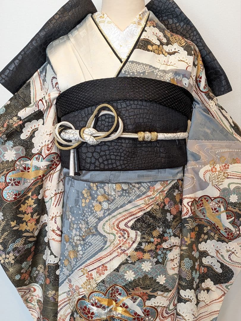 振袖フルセット 身丈155裄63 暈し染め 金銀彩 黒 グレー 逸品 成人式