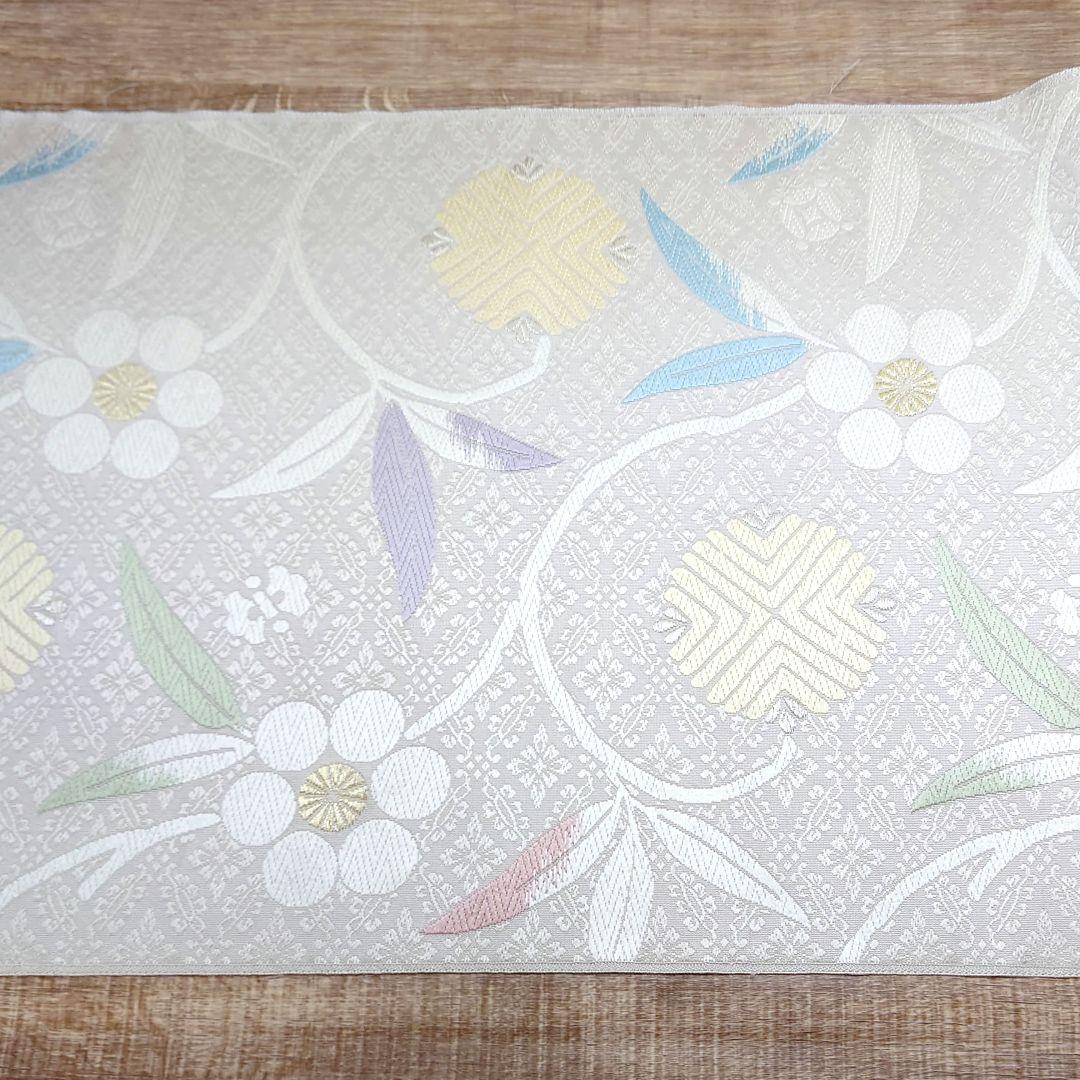 名古屋帯　薄グレー　笹鶴　六通　お仕立て込み