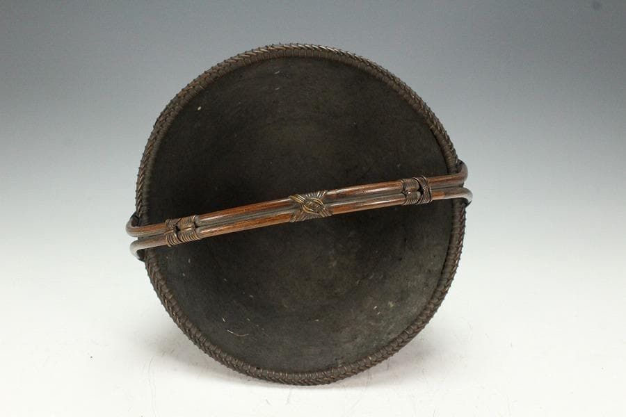 茶道具 唐物 竹網 籠 炭斗 手付 時代物(K-YC464)