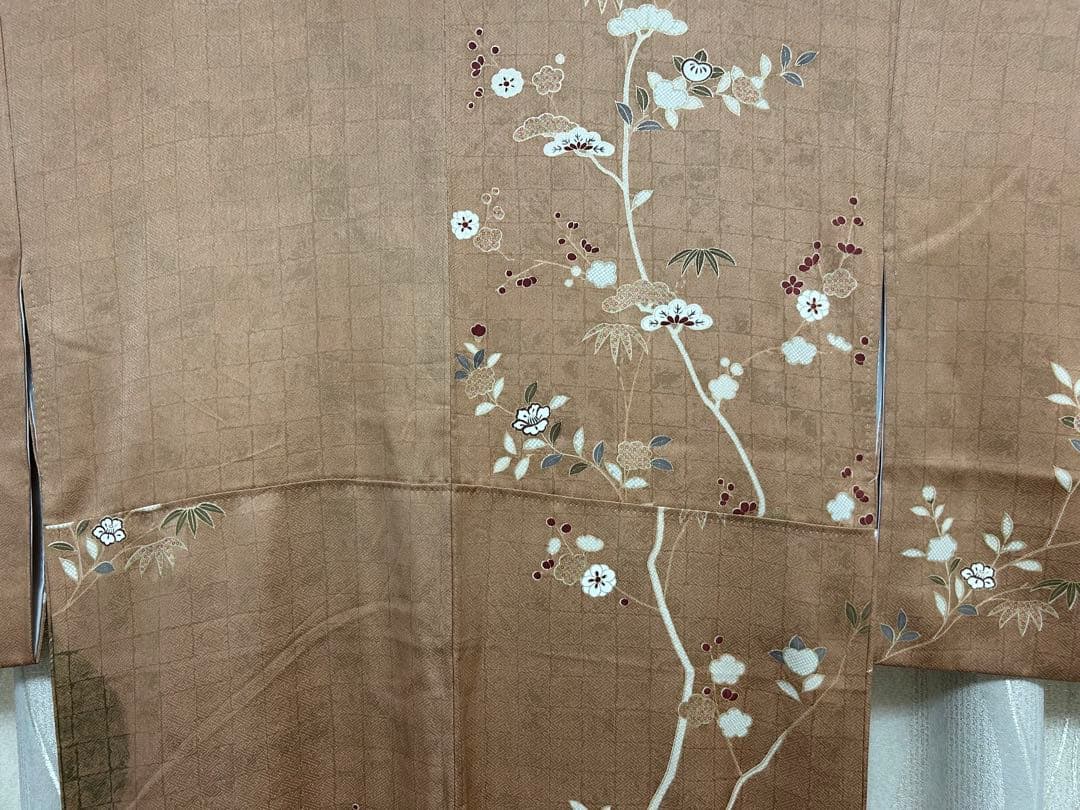 美品　訪問着のみ　ブラウン　希少S S サイズ　金刺繍　松竹梅　椿　パール加工済