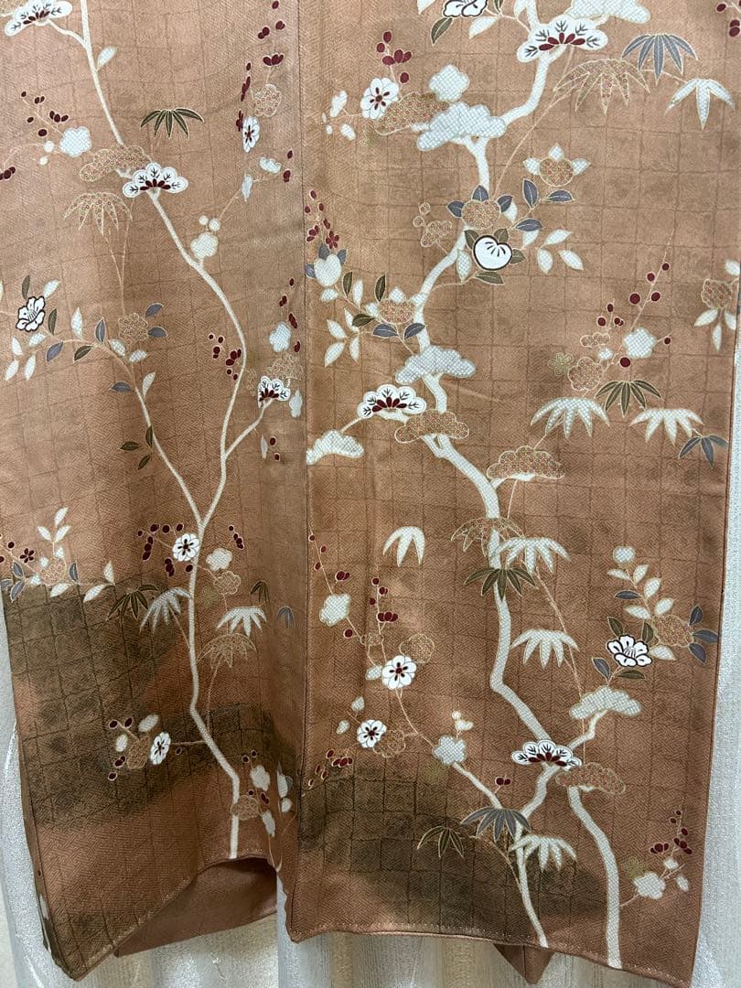 美品　訪問着のみ　ブラウン　希少S S サイズ　金刺繍　松竹梅　椿　パール加工済