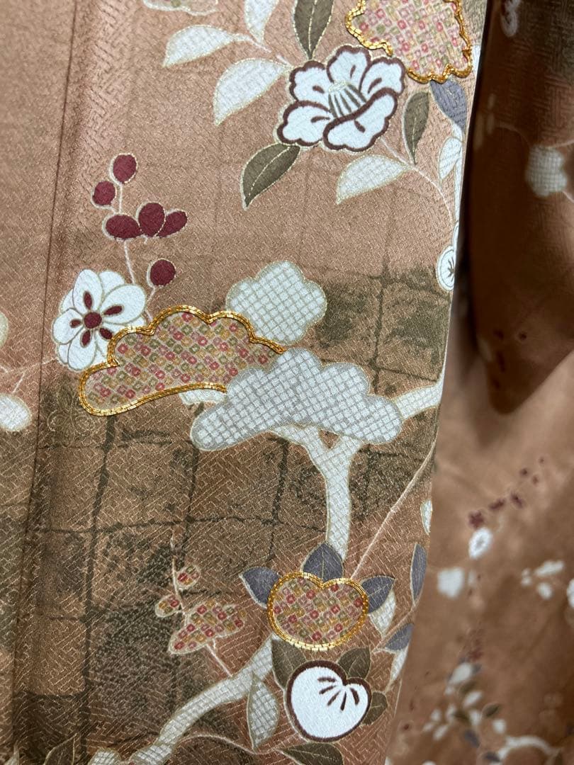 美品　訪問着のみ　ブラウン　希少S S サイズ　金刺繍　松竹梅　椿　パール加工済
