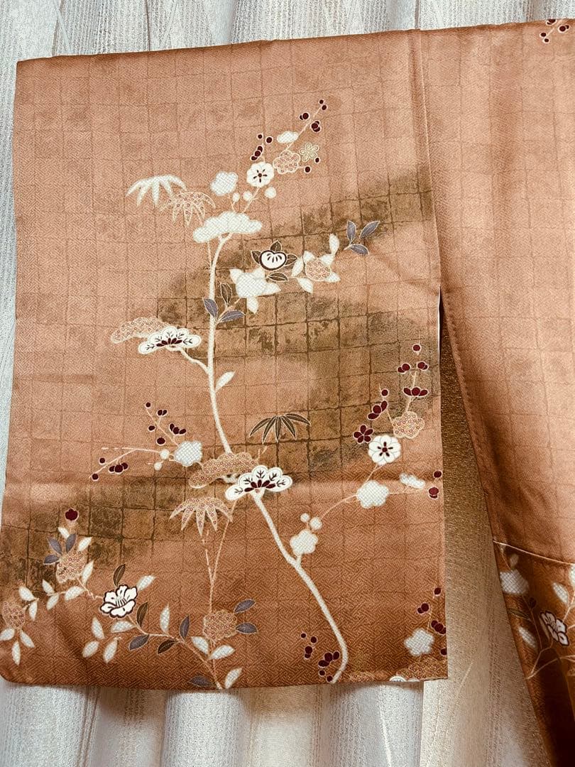 美品　訪問着のみ　ブラウン　希少S S サイズ　金刺繍　松竹梅　椿　パール加工済