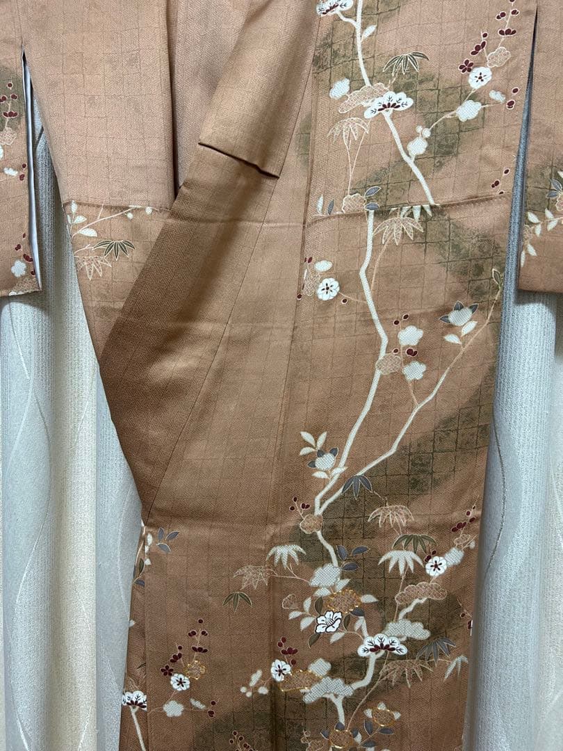 美品　訪問着のみ　ブラウン　希少S S サイズ　金刺繍　松竹梅　椿　パール加工済